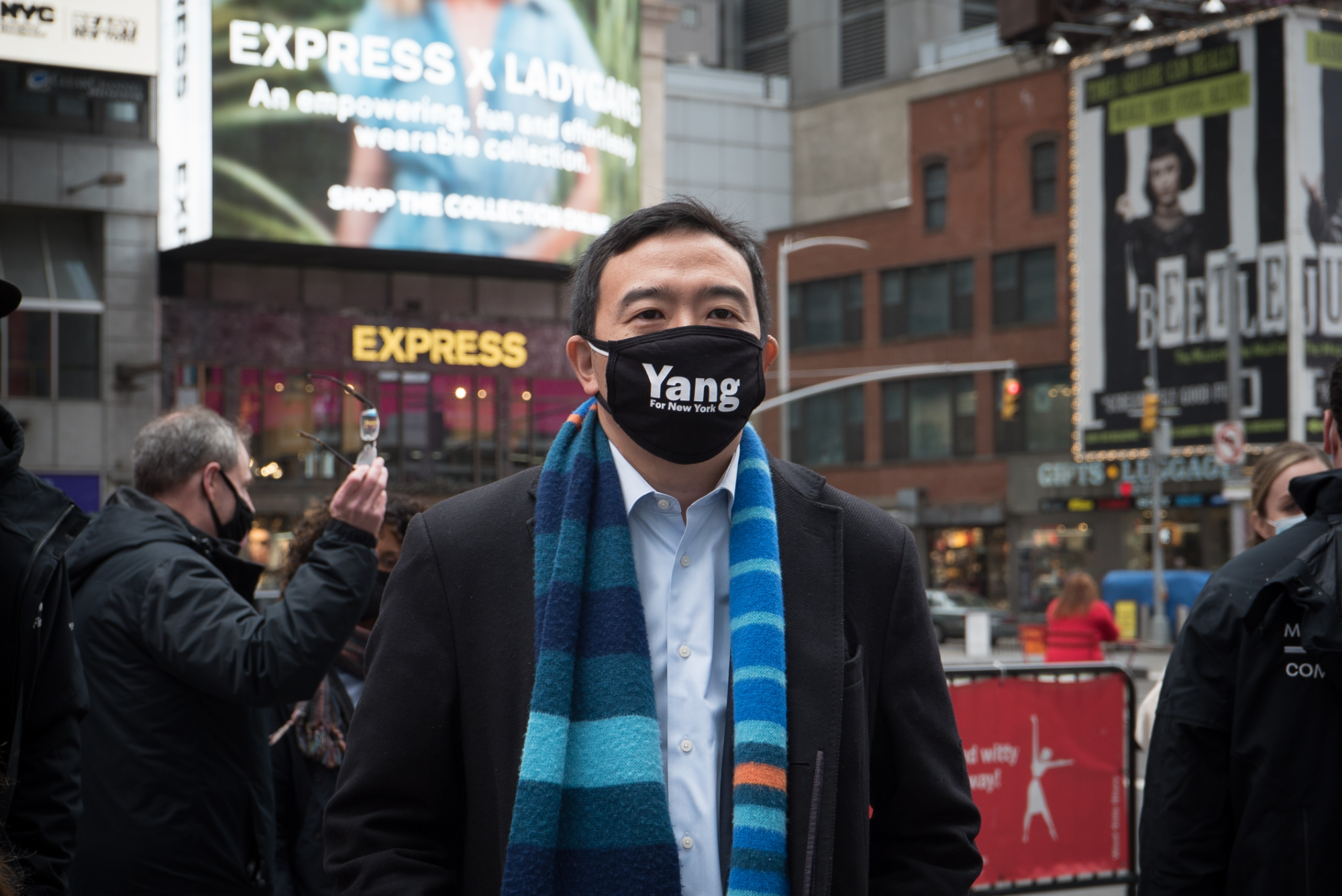 Andrew Yang of the Forward Party wearing a black filter.