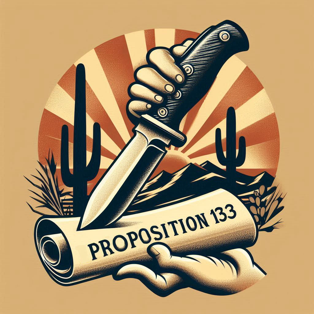 A graphic illustration of a large knife being driven through a scrolled paper version of proposition 133, set against a desert background.