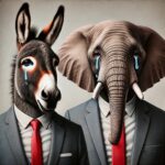 Image of a crying donkey and elephant, in business suits.