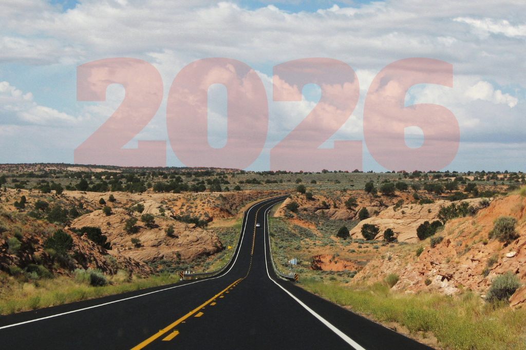 A photo illustration of a car on a rural Arizona highway, with the date 2026.